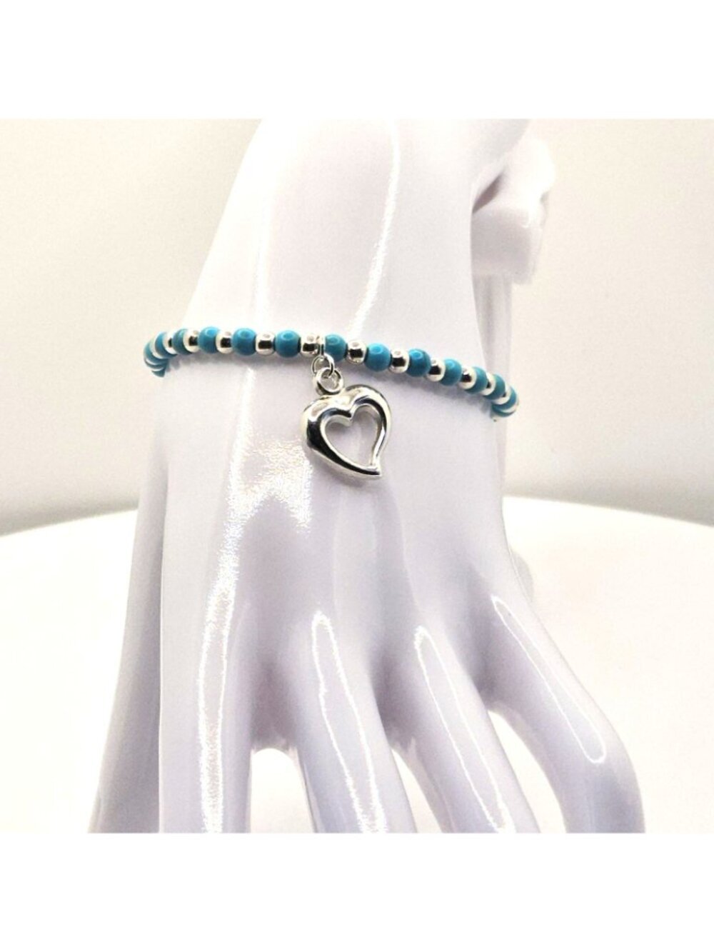 Heart Bracelet Turquoise Bracelet Blue Beaded Bracelet Stretch Bracelet Stackabl - Picture 4 of 10